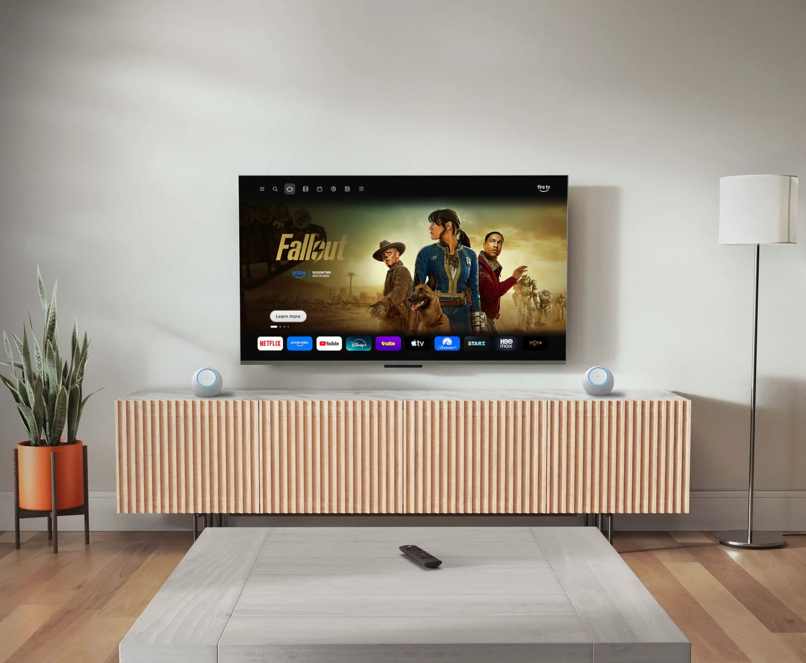 Fire TV home screen on a living room TV